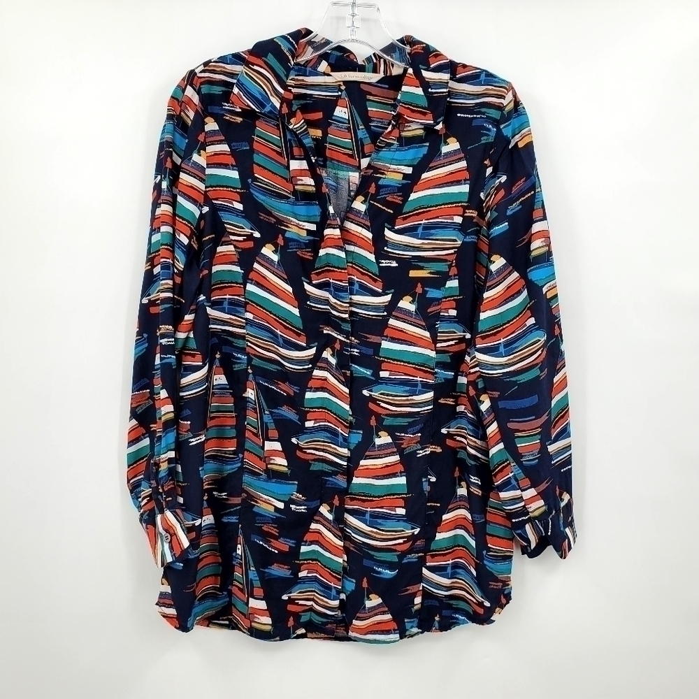 Soft Surroundings Petite Long Sleeve Sailboat Button Down Tunic Shirt